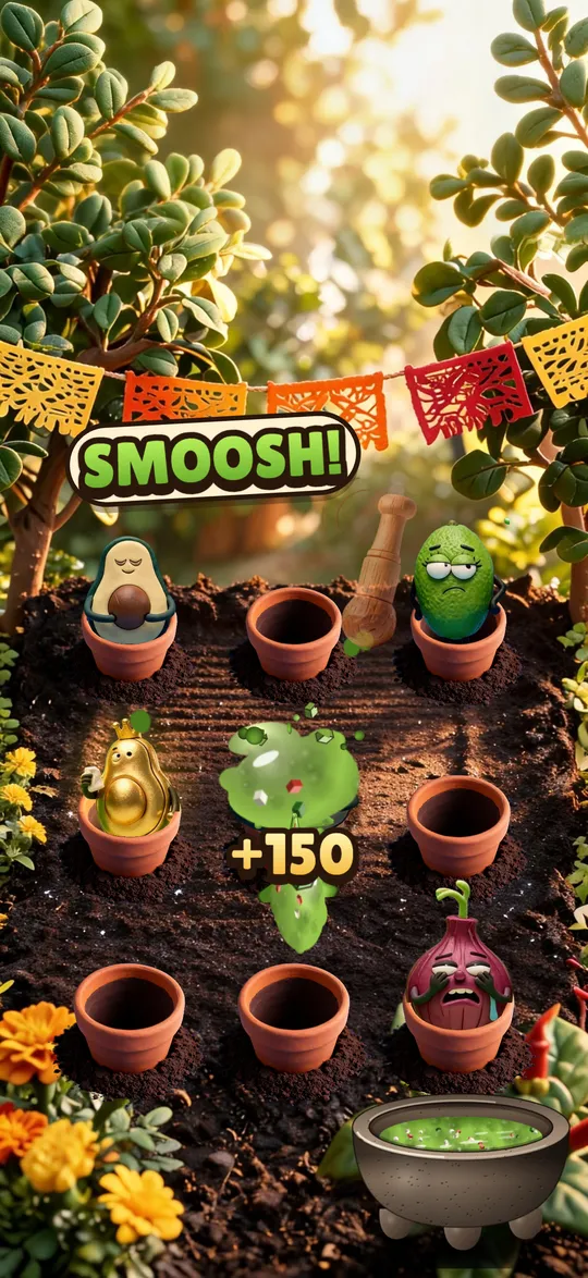 Squishing a veggie in the garden stage, with a +150 score popping up