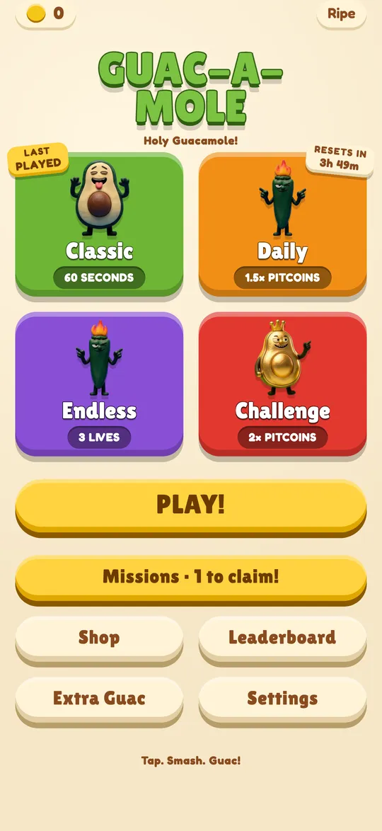 The game menu with the four mode cards